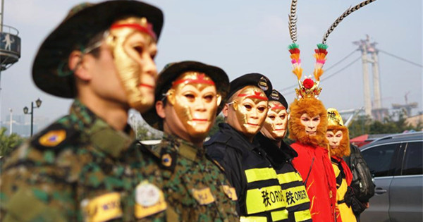 Monkey King dressed security personnel patrol in Chongqing