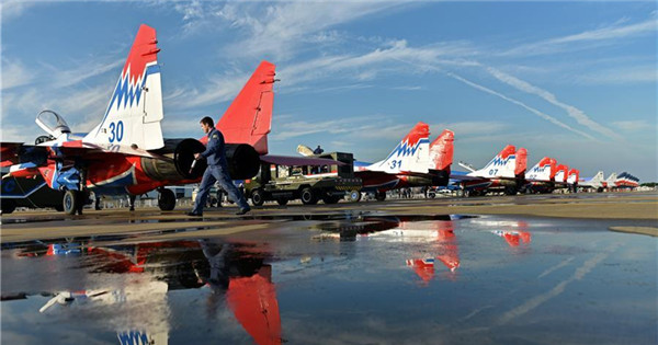 Jet fighters MiG-29 of Russian aerobatic team arrive at Zhuhai airport