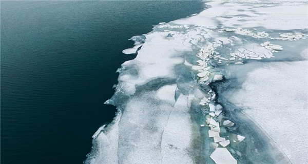 Aerial view of ice floating on Qinghai Lake