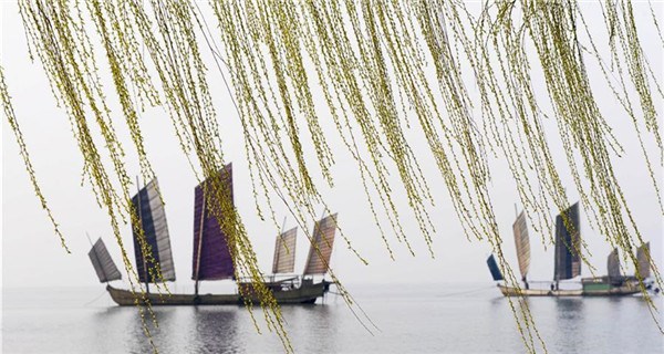 Boats sail on Taihu Lake in Wuxi