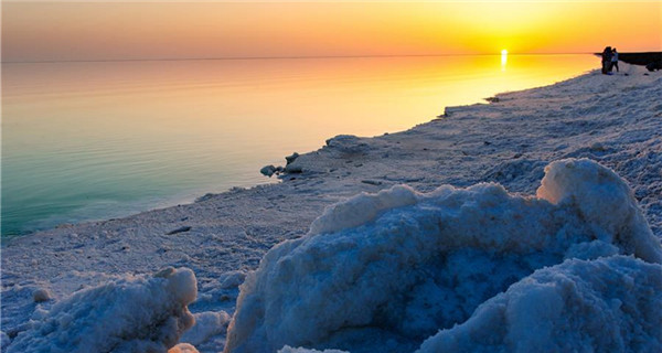 Sunset scenery of salt lake in Lop Nur, Xinjiang