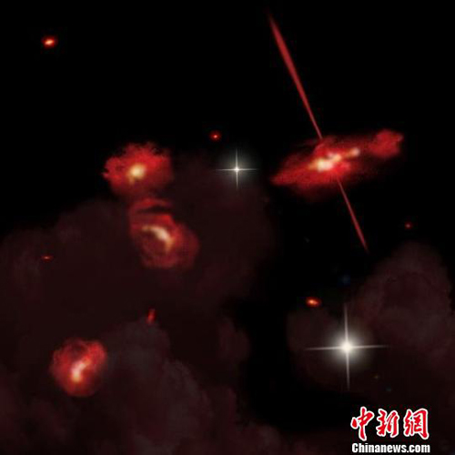 Four newfound super-red galaxies. (Conceptual photo: Purple Mountain Observatory)