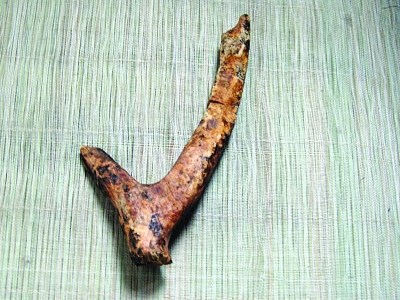 The tomb has been robbed several times, but still contained a few rare relics, including a 50-centimeter-tall stone figurine and a 20-centimeter-long deer antler.