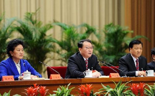 Li Changchun (C) addresses a national conference of publicity officials in Beijing, January 4. 