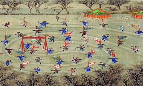 A painting of a royal skating performance from the Qing Dynasty