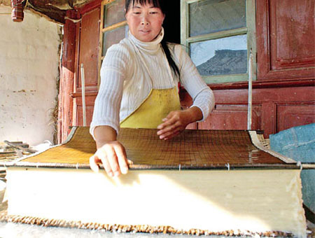 A Xinzhuang villager makes paper by traditional methods at home. [Photo/ China Daily] 