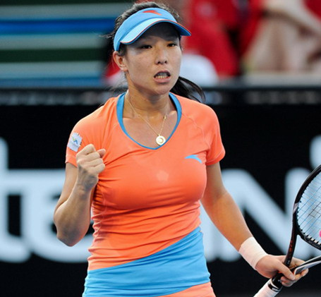 China's Zheng Jie reacts after winning a shot against American Madison Keys during their game at the second round of the 2012 Australian Open. [Photo/Xinhua]