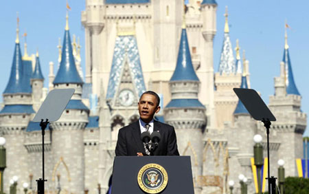 US President Barack Obama unveils a strategy aimed at boosting tourism and travel in front of Cinderella's Castle at Disney World's Magic Kingdom in Orlando January 19, 2012. [Photo/Agencies]