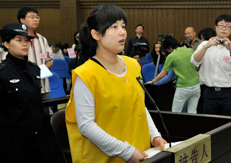 Wu Ying stands trial at Jinhua Intermediate People's Court in Zhejiang province on April 16. The one-time business tycoon is waiting for the top court's final review of her death sentence. Provided to China Daily 
