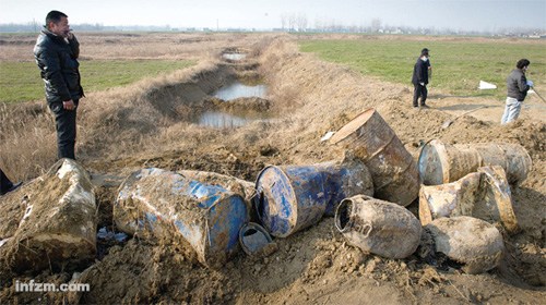 The villagers discovered the malodorous chemical waste in Xinxian Township, Anhui Province in early February.
