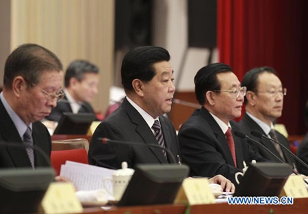 Jia Qinglin (2nd L, front), chairman of the Chinese People's Political Consultative Conference (CPPCC) National Committee, addresses the 16th conference of the Standing Committee of 11th CPPCC National Committee held in Beijing, capital of China, Feb. 26, 2012. Jia Qinglin presided over the opening meeting on Sunday. (Xinhua/Ding Lin)