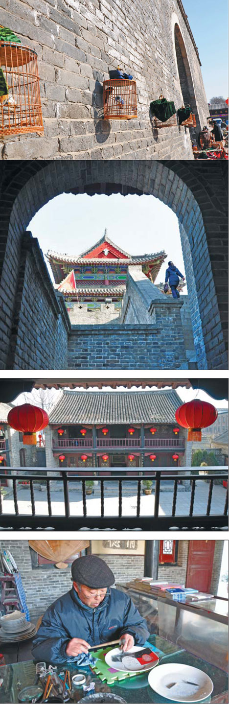 From top: Local residents hang their bird cages on Guide's city wall in Henan province.; Visitors can climb onto the city wall to get a good view of the old town; The former residence of Hou Fangyu is one of Guide's best preserved mansions; Traditional po