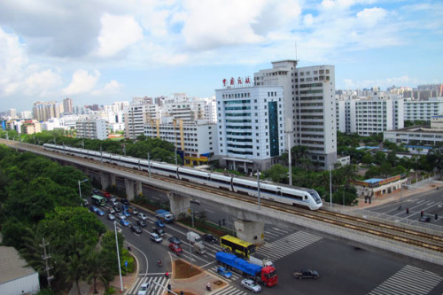 A bullet train runs on the Donghuan high-speed railway, which links Haikou, capital of the island province of Hainan, and Sanya, a tropical resort in the province. The rail line has been exposed as having some problems with the quality of its infrastructu