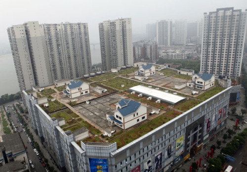 Four houses were built on the rooftop of the Jiutian International Square, a shopping mall in Zhuzhou, Hunan province. Provided to China Daily