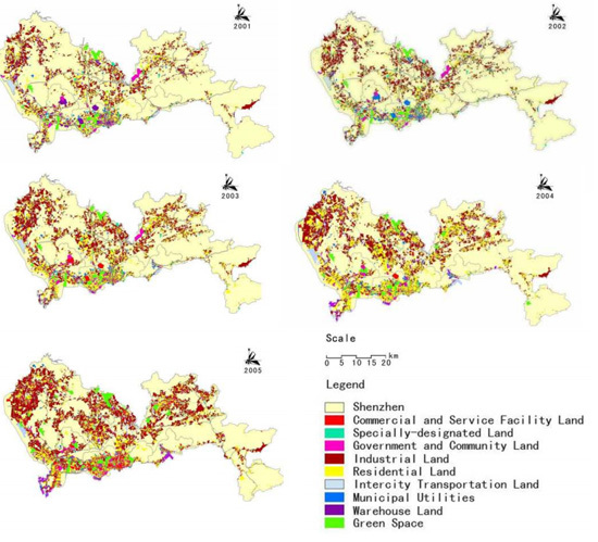 he situation of urban land use of Shenzhen from 2001 to 2005 [Source: Urban sprawl: A case study of Shenzhen, China]