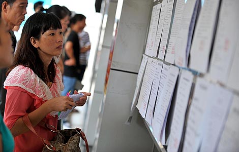 Job seekers look at employment information at a job fair in Haikou, South China's Hainan province, Sept 26, 2012. [Photo/Xinhua]