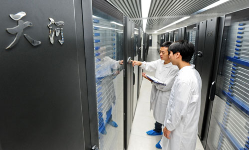 Two staff members collect data in a computer room containing Tianhe-1A, China's fastest supercomputer, in Tianjin, on Aug 28, 2012. [Photo/Xinhua]
