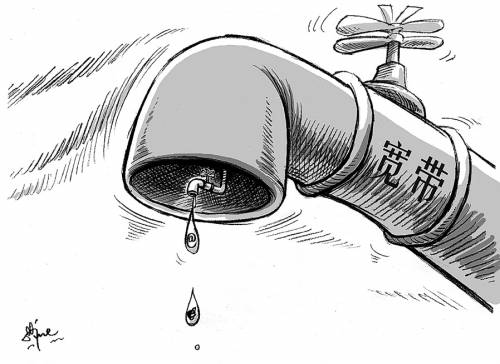 A large number of web users in China are not enjoying the speeds promised by fixed-line broadband carriers. (Cartoon: Xu Jian / China Youth Daily)