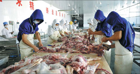 Butchers at work at a halal food processing unit in Wuzhong city in the Ningxia Hui autonomous region. Ningxia, where Muslims account for more than 35 percent of the population, has its local halal food regulations. [Photo/Xinhua]