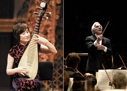 Chinese Pipa master Wu Yuxia (left) plays on stage in Tianjin in 2009;Vladimir Ashkenazy conducts the Sydney Symphony Orchestra. [Provided to chinadaily.com.cn] 