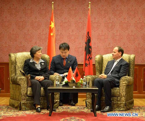 Albanian President Bujar Nishani (R) meets with Zhang Rongming (L), vice chairwoman of the Chinese People's Political Consultative Conference (CPPCC) National Committee, in Tirana, Albania, Oct. 30, 2012. (Xinhua/Liu Lihang)