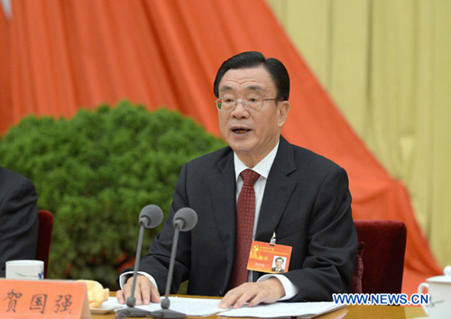 He Guoqiang, a member of the Standing Committee of the Political Bureau of the Communist Party of China (CPC) Central Committee, addresses the Eighth Plenary Session of the 17th Central Commission for Discipline Inspection (CCDI) of the CPC in Beijing, ca