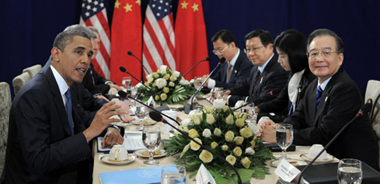 US President Barack Obama meets Premier Wen Jiabao at the Peace Palace in the Cambodian capital, Phnom Penh, on Tuesday. Jewel Samad / Agence France-Presse