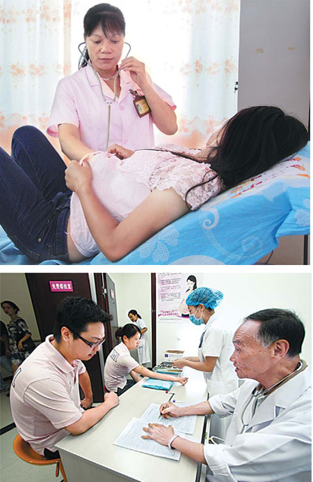 Top: A young woman takes a premarital checkup in Wuxuan county in Guangxi Zhuang autonomous region, one of the provinces that offer free pre-marital checkups. Chen Dongmei / Xinhua Above: A couple take a premarital physical examination in Chongqing. [Photo/China Daily] 