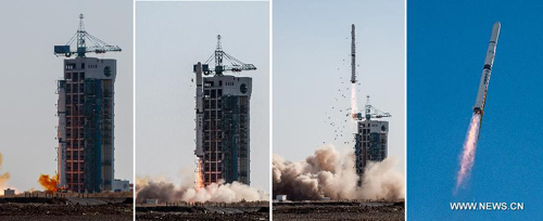 Combination photo taken on Nov. 25, 2012 shows a Long March-4C carrier rocket carrying the Yaogan XVI remote-sensing satellite blasting off from the launch pad at Jiuquan Satellite Launch Center in Jiuquan, northwest China's Gansu Province. (Xinhua/Liu Chan) 