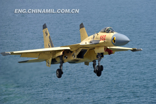 Recently, China's independently-developed carrier-borne J-15 fighters conducted test flights on such subjects as the landing with arresting cable and the ski-jump takeoff on the Liaoning aircraft carrier. As a China's independently-developed carrier-borne multi-purpose-type fighter, the J-15 fighter can carry various types of precision-guided weapons with long-range attack and round-the-clock fighting capacities. (chinamil.com.cn/ Pu Haiyang)
