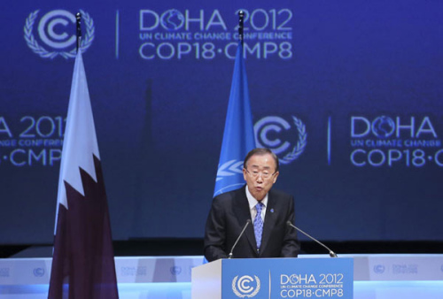 UN Secretary General Ban Ki-Moon talks during the opening ceremony of the plenary session of the high-level segment of the 18th session of the Conference of Parties (COP18) of the United Nations Framework Convention on Climate Change (UNFCCC) in Doha, Dec 4, 2012. [Photo/Agencies]