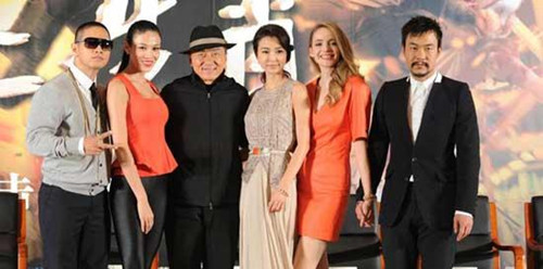 (L - R) Actor Steve Yoo, actress Zhang Lanxin, actor Jackie Chan, actress Yao Xingtong, actress Laura Weissbecker and actor Liao Fan attend 'Chinese Zodiac' press conference at Jackie Chan Museum on December 11, 2012 in Beijing, China. 