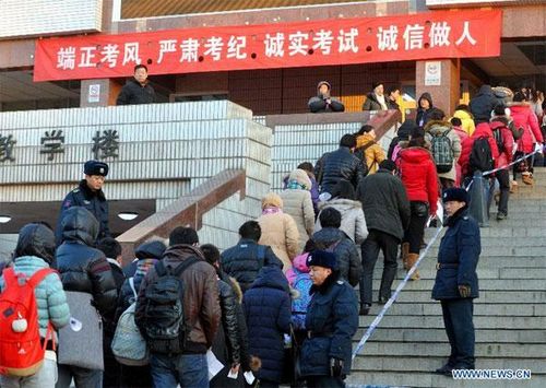 Candidates queue to enter examination rooms for sitting the National Entrance Examination for Postgraduate (NEEP) at Beijing Jiaotong University in Beijing, capital of China, Jan. 5, 2013. Examinees to take the exam on Jan. 5 are expected to hit a record high of 1.8 million this year. (Xinhua/Zhai Jianlan) 