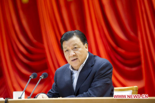 Liu Yunshan, a member of the Standing Committee of the Political Bureau of the Communist Party of China (CPC) Central Committee, addresses a high-profile workshop attended by new CPC Central Committee members and alternate members elected at the 18th CPC National Congress in November last year in Beijing, capital of China, Jan. 6, 2013. (Xinhua/Huang Jingwen)