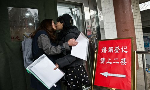 The lesbian couple, who tried to apply to register to marry, kiss at the Dongcheng district civil affairs bureau on Monday. Photo: Li Hao/GT 