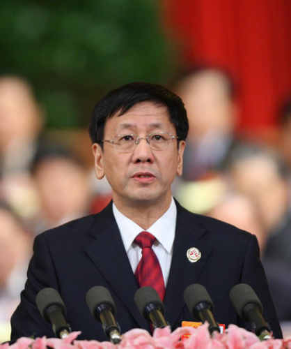 Cao Jianming, China's procurator-general of the Supreme People's Procuratorate (SPP), delivers a report on the SPP's work during the fourth plenary meeting of the Fifth Session of the 11th National People's Congress (NPC) at the Great Hall of the People in Beijing, capital of China, March 11, 2012. (Xinhua/Yao Dawei)