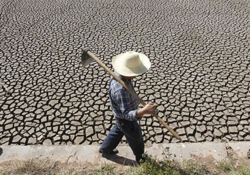 A farmer passes a dried up basin on Feb 28 in Shilin Yi autonomous prefecture, Kunming, the capital of Yunnan province. The lingering drought has reached 15 cities and autonomous prefectures in the province, affecting 5.58 million people. [China Daily]