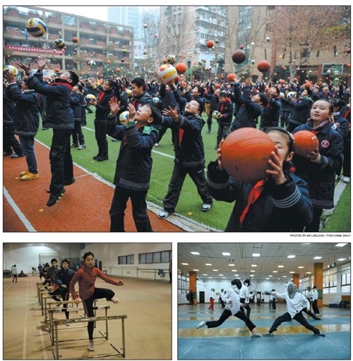Pictured are students at Youfu Xijie Primary School (top) in Nanjing, capital of Jiangsu province, which is believed to be the cradle of the citys volleyball players, as well as youngsters at Nanjing Sports School (bottom left, right) during training sessions. [CHINA DAILY]