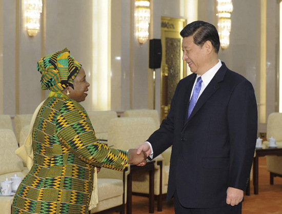 In this file photo taken on Feb. 17, 2013, Xi Jinping (R) meets with Nkosazana Dlamini-Zuma, chairperson of the African Union (AU) Commission, at the Great Hall of the People in Beijing, capital of China. (Xinhua/Rao Aimin)