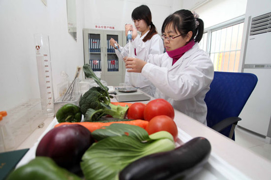 Food inspectors check the quality of produce from a market in Weifang, Shandong province, in December. Premier Li Keqiang vowed on Sunday the government will take measures to ensure safe drinking water and food. Zhang Chi / for China Daily