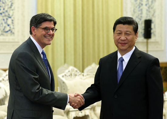 President Xi Jinping meets US Treasury Secretary Jacob Lew at the Great Hall of the People in Beijing on Tuesday. Wu Zhiyi / China Daily