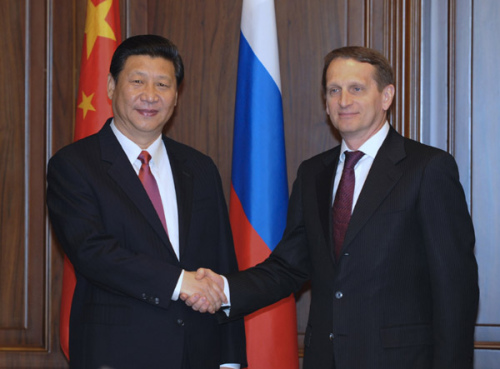Chinese President Xi Jinping (L) meets with Chairman of Russia's State Duma Sergei Naryshkin in Moscow, capital of Russia, March 23, 2013. (Xinhua/Xie Huanchi)  