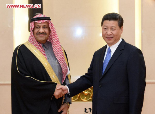 Chinese President and Chairman of the Central Military Commission Xi Jinping (R) meets with Prince Khalid Sultan, deputy defense minister of Saudi Arabia, at the Great Hall of the People in Beijing, capital of China, April 2, 2013. (Xinhua/Liu Jiansheng)