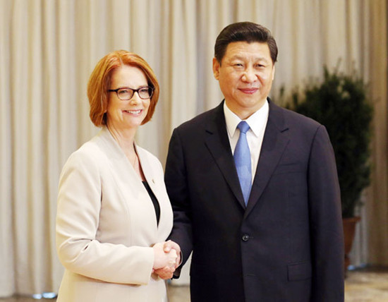President Xi Jinping meets Australian Prime Minister Julia Gillard at the Boao Forum for Asia Annual Conference 2013 in Boao, Hainan province, on Sunday. WU ZHIYI / CHINA DAILY