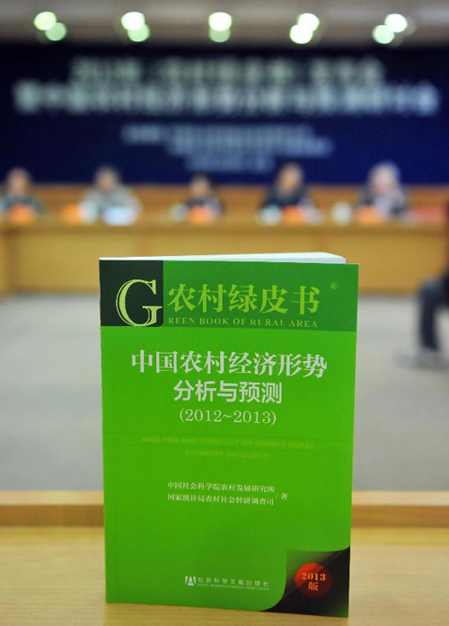 Photo taken on April 10, 2013 shows the cover of the Green Book of Rural Area: Analysis and Forecast on China's Rural Economy (2012-2013) at a press conference in Beijing, capital of China. The book was released on Wednesday. (Xinhua/Chen Yehua) 