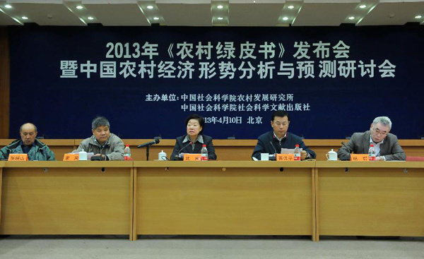 Wu Yin (C), vice president of the Chinese Academy of Social Sciences, speaks during the press conference for the release of the Green Book of Rural Area: Analysis and Forecast on China's Rural Economy (2012-2013) in Beijing, capital of China, April 10, 