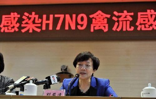 Liu Yaqing, deputy director of Beijing Municipal Bureau of Agriculture, speaks during a press conference in Beijing, capital of China, April 13, 2013. A seven-year-old girl in Beijing was infected with the H7N9 strain of bird flu, the first such case in t
