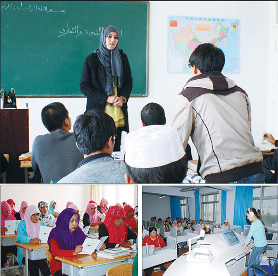 Tunisian teacher Nabila Ahmed (pictured) and her sister Ghada are among the three foreign teachers at Ningxia Muslim International Language School (top). The school has more than 1,200 students, most of whom are from the Hui ethnic group (above left). Tongxin Arabic School helps local youths secure better jobs in developed areas (above right). Photos provided to China Daily