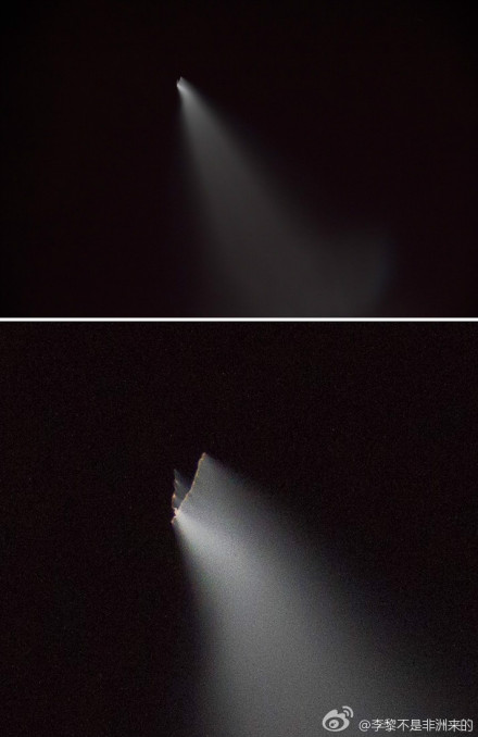 A sounding rocket flies up into the sky over Shien city in Central China's Hubei province, May 13. [Photo uploaded by Weibo blogger Lilibushifeizhoulaide]