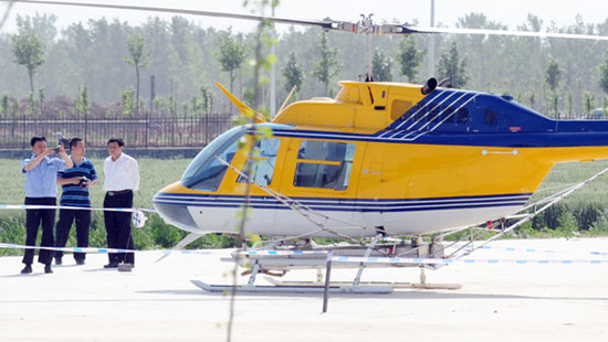 Police investigate on Wednesday an incident that some netizens claimed was the country's first case of a hijacked helicopter, in Dezhou, East China's Shandong province. Provided to China Daily